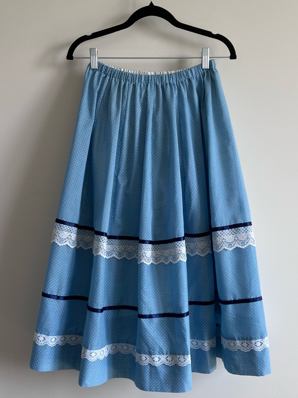 Vintage Blue Polka Dot Lace-Trim Full Skirt - cottagecore / ren faire / milkmaid
